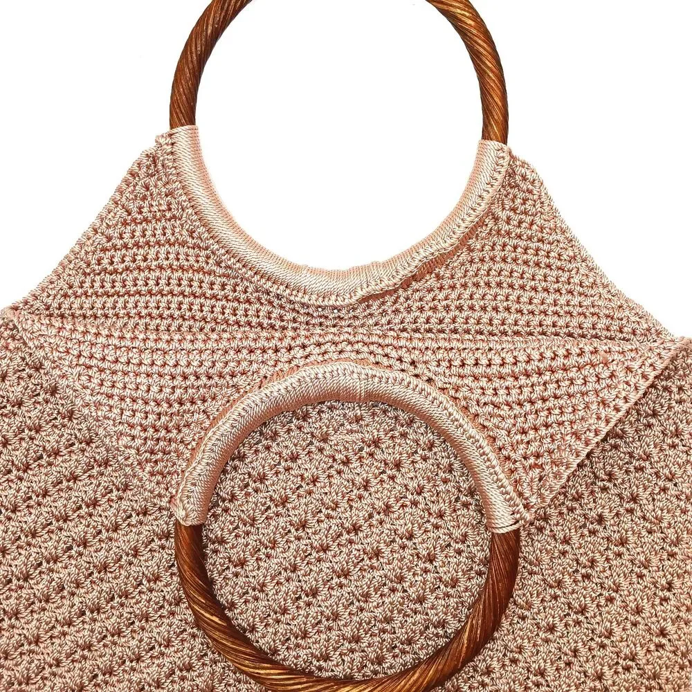 Vintage The Sak Warm Beige Crochet Purse Bag w/ Round Wood Look Plastic Handles